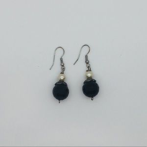 Dangly Black and Pearl Silver Earrings
